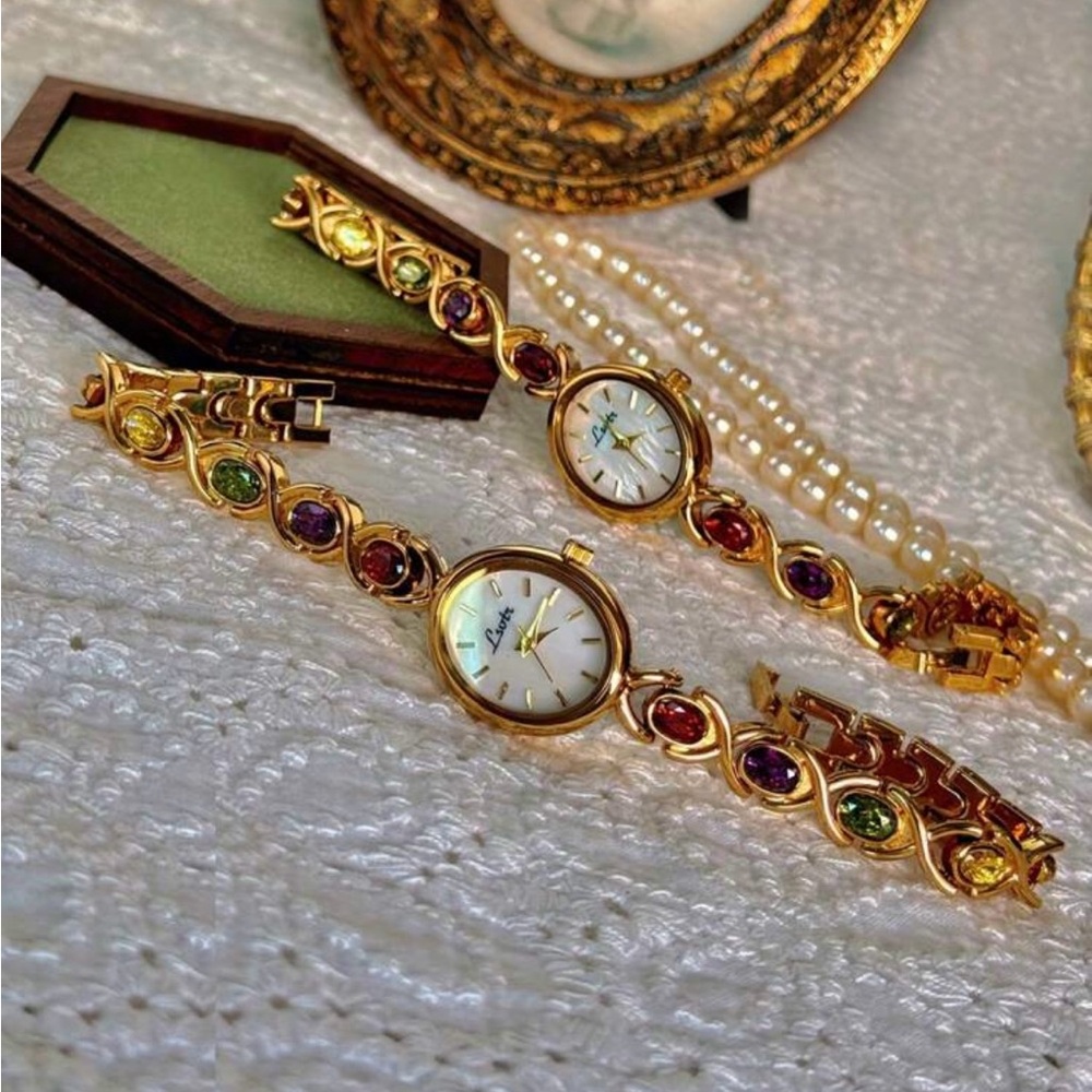 Elegant Gold Multicolor Gemstone Bracelet Watch